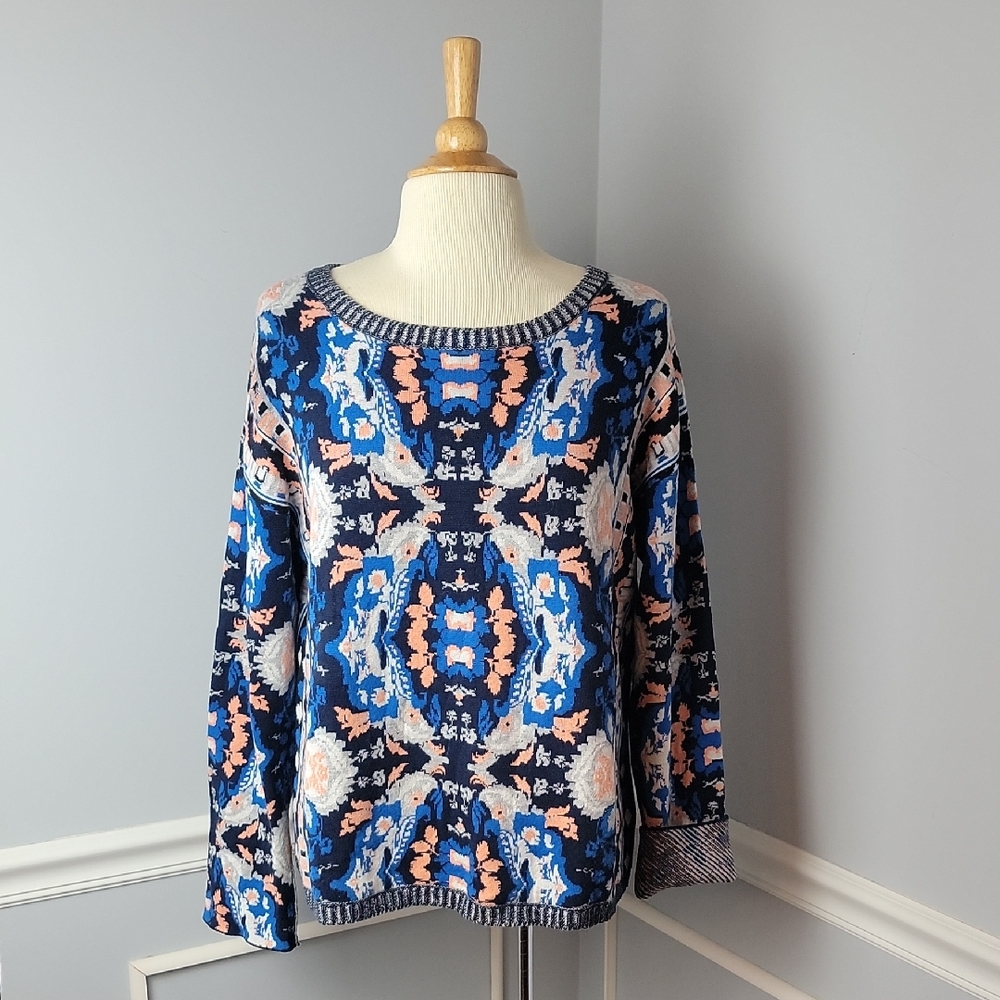 MOTH | ANTHRO Cabine Silk Blend Blue Peach Floral Boho Print Knit Sweater L READ